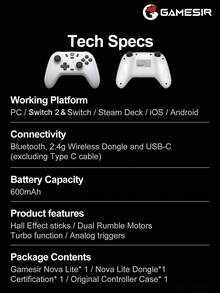 GameSir Nova Lite Gamepad For PC Compatible With Switch 2/1 Steam Android IOS Mobile Phone Windows With Original Controller Protective Case Hall Effect Joysticks Wireless Gaming Controle 2 Rumble Vibration Motors Turbo Function - Domino White - View 12