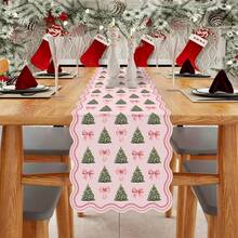 1 Pc Polyester Christmas Table Runner, Pink Coquette Xmas Tree & Bow Print Table Decor, Wavy Edge Festive Table Linen, For Dining Table, Kitchen, Holiday Banquet, Indoor Home Christmas Party Tabletop Decoration, 180*35cm - A - View 6