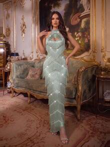 Modphy New Light Blue Bandage Dress Elegant Diamond Strap Backless Fitted Long Party Dress For Women Wedding Guest Formal Evening Gown - Mint Green - View 11
