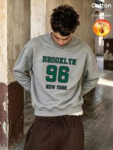 كنزة رجالية من الصوف الناعم بياقة دائرية للخريف/الشتاء مطبوعة بحروف وأرقام BROOKLYN 96 NEW YORK بأسلوب Y2K - رمادي منقوش - مشاهدة 11
