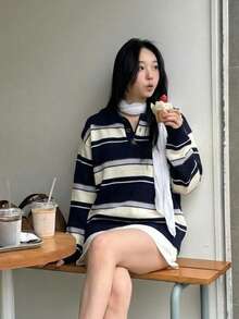 Sweater Polo Rajut Bergaris, Pullover Biru Tua Lengan Panjang, Trim Bergaris, Potongan Longgar, Pakaian Kasual Sehari-hari Gaya Preppy Musim Gugur/Musim Dingin untuk Wanita - Navy Blue - View 2