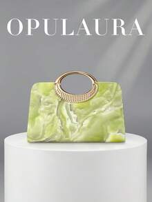 OpulAura 極簡大理石女款手提包，優雅亮面金屬條紋裝飾，附金屬鏈條，適合晚禮服、派對、婚禮、舞會等正式場合 - 綠色 - 查看 2