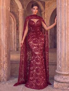 Faeriesty Women's Charming Strapless Mermaid Long Lace Formal Dress, Pearl Embellished Backless Design, Suitable For Prom And Evening Party - Burgundy - View 7