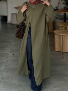 Women's Round Neck Long Sleeve Overlap Split Metal Decor Pure Cotton Long Elegant Outerwear Shirt Robe, Autumn/Winter - Army Green - View 2