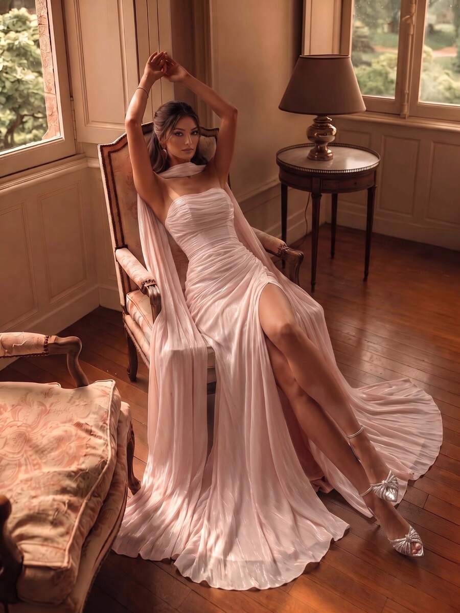 Smilprince Women's Light Pink Luxury Halter Neck Chiffon Mermaid High Slit Backless Formal Evening Gown, Spring/Summer Wedding Guest Special Occasion Outfit - Baby Pink - View 1