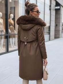 Women's Long Parka Jacket With Faux Fur Hood, Drawstring Waist, Zip And Snap Closure - Brown - View 3