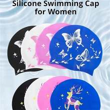 1pc Women's Silicone Swim Cap, Elastic Swimming Cap - Soft, Stretchy, Non-Slip, Comfortable, Fashionable, Butterfly And Star Pattern - Black - View 2