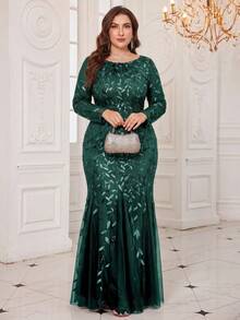 Vestido formal de gala de talla grande con bordado de flores y lentejuelas de estilo sirena, elegante vestido de fiesta de manga larga para invitados de boda, adecuado para ceremonias de graduación, galas y fiestas en todas las temporadas, incluyendo primavera - Verde Oscuro - Ver 2