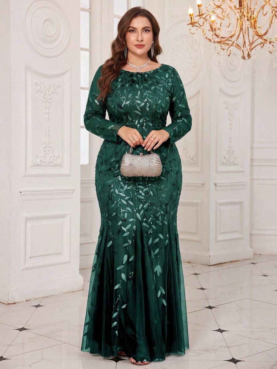Vestido formal de gala de talla grande con bordado de flores y lentejuelas de estilo sirena, elegante vestido de fiesta de manga larga para invitados de boda, adecuado para ceremonias de graduación, galas y fiestas en todas las temporadas, incluyendo primavera