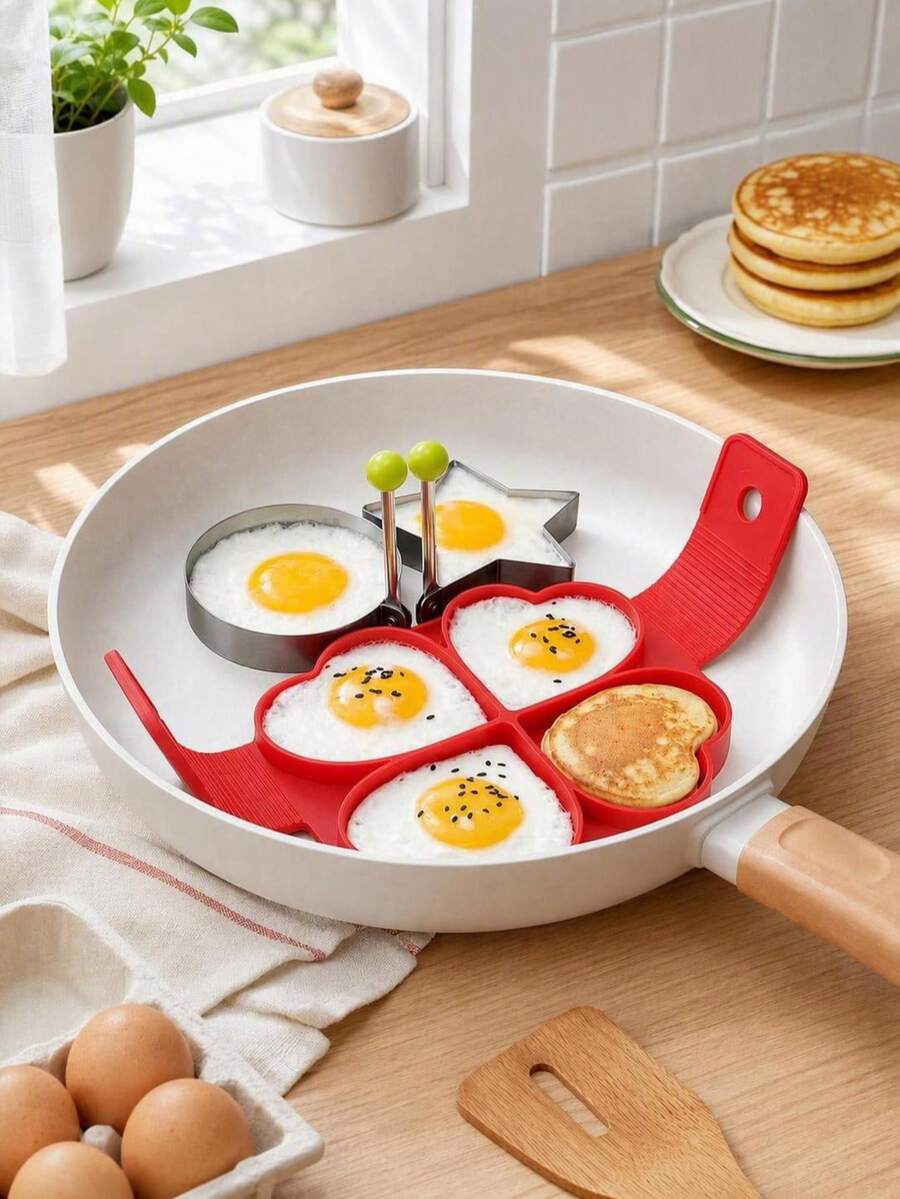 1/4pcs Stainless Steel & Silicone Egg/Pancake Molds – Heart, Flower, Round & Star Shapes