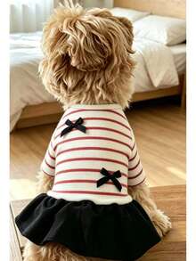1pc Thickened Derong Short Sleeve Dog & Cat Dress, Simple Striped, Autumn/Winter, For Teddy, Pomeranian, Yorkshire Terrier, Bichon Frise, Pet Clothes - Red and White - View 5