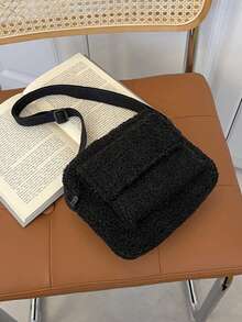 Black Teddy Fleece Mini Crossbody Bag, Simple Versatile Fuzzy Square Bag, Autumn/Winter New Style, Multi-Pocket Lightweight Shoulder Bag, Daily Travel Carry-On Small Bag - Multicolor - View 11