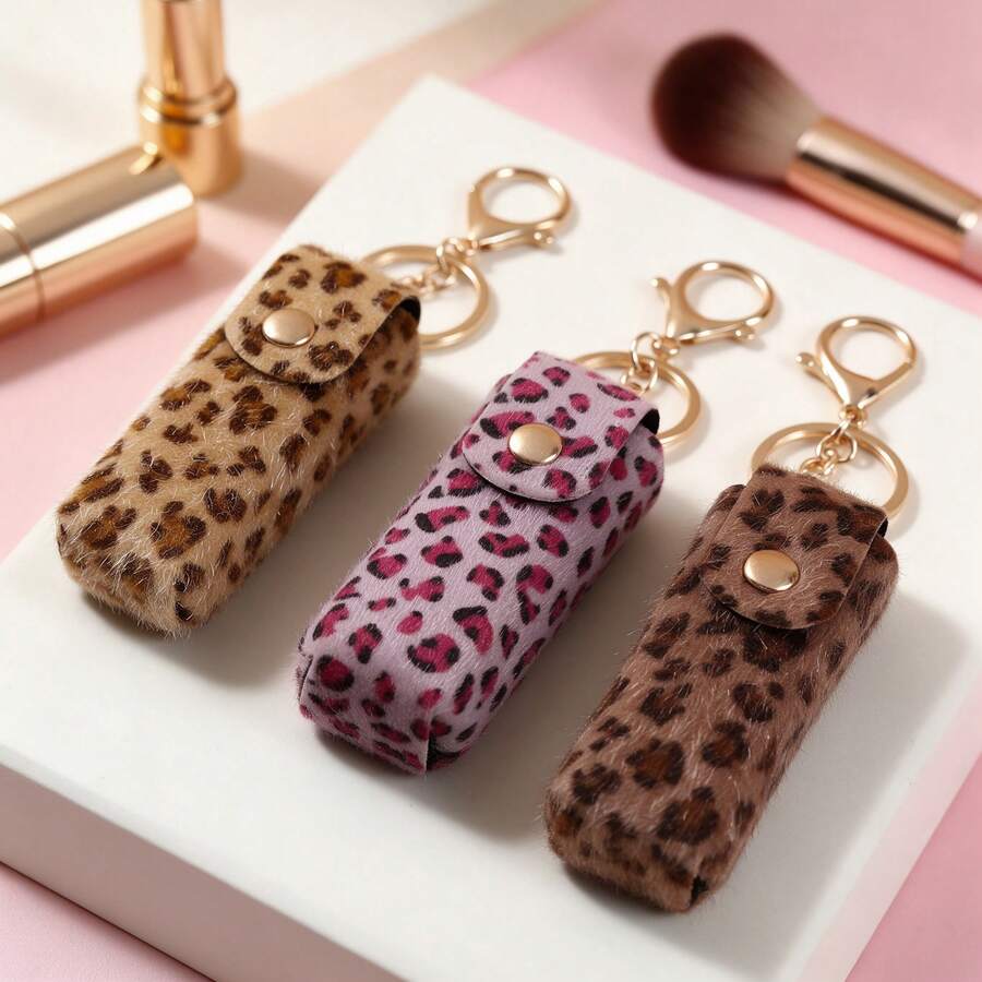 1pc Y2K Leopard Print Storage Bag, Cute Faux Fur Mini Organizer With Keychain, Snap Button Storage Bag, Gift For Her - Multicolor - View 1