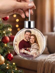 1pc Custom Photo And Text Christmas Ball Ornament, Personalized Our First Christmas Couple Round Bauble, Custom Keepsake Christmas Gift For Newlyweds - Multicolor - View 5