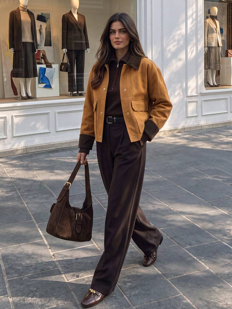 Jaket Pendek Wanita Musim Gugur dengan Kancing Depan, Manset dan Kerah Bergaris Kontras, Mantel Elegan untuk Perayaan Liburan dan Aktivitas Sehari-hari - Mocha Brown - View 1