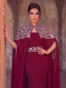 Elegant 2 Pieces Shawl And Dress Set, Rhinestone Embellished Neckline, Fitted Mermaid Silhouette, Suitable For Formal Evening Events, Photography, Red Carpet Occasions - Burgundy - View 7