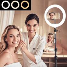 10-Inch Selfie Ring Light Includes A 43-Inch Retractable Tripod Suitable For Video Recording And Live Streaming, And Is Compatible With Smartphones, Cameras, And Webcams. Two Phone Clips | 3 Light Color Modes - Black - View 7