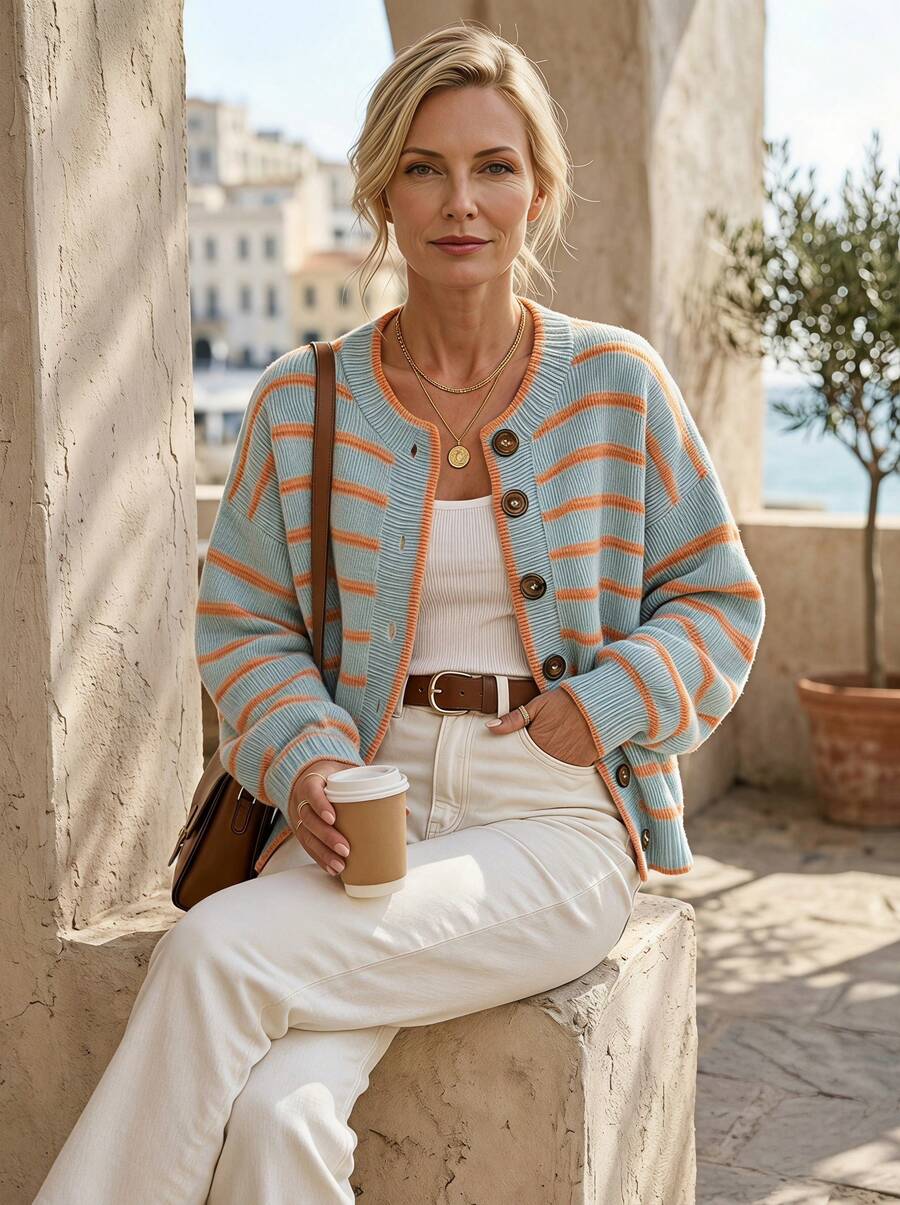 Women's Round Neck Single-Breasted Contrast Stripe Lantern Sleeve Knit Cardigan, Loose Casual Fashion Versatile For Autumn/Winter - Baby Blue - View 1