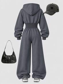 Autumn/Winter Big Girls Fashion Casual Letter Print Hooded Jumpsuit - Dark Grey - View 3