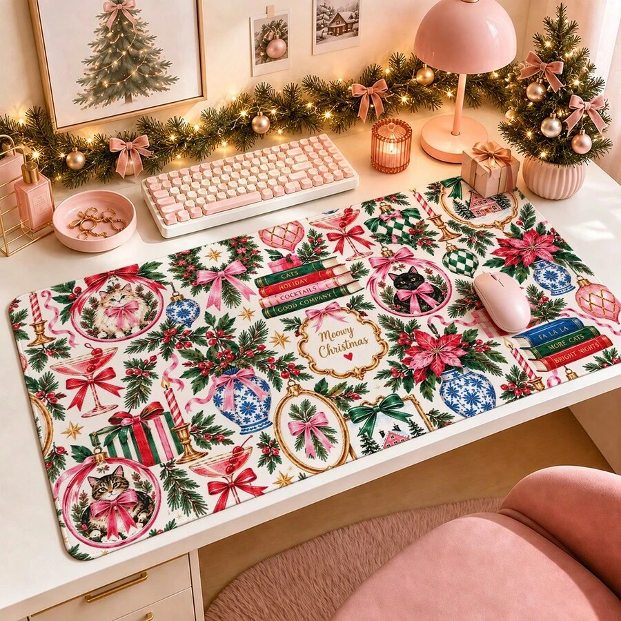 1pc Christmas Cute Cat Print Desk Mat, Multi-Purpose Makeup Nail Art Table Pad, Large Non Slip Desktop Protector S/M/L/XL - View 1