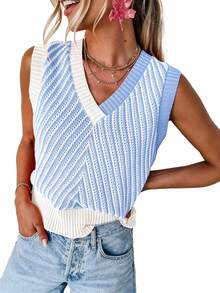Acelitt Women's Sleeveless V-Neck Blue Striped Wool Knit Casual Vest, Fashionable And Stylish For Summer Vacation - Dusty Blue - View 1