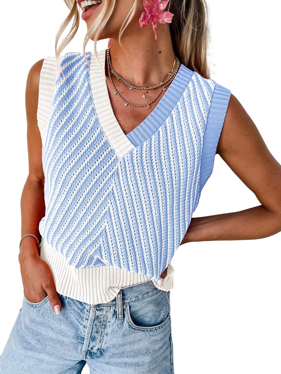 Acelitt Women's Sleeveless V-Neck Blue Striped Wool Knit Casual Vest, Fashionable And Stylish For Summer Vacation - Dusty Blue - View 1