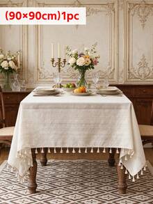 1pc Beige French Vintage Striped Tassel Tablecloth, Lightweight Breathable Dust-Proof Cover, Suitable For Dining Room, Living Room, Picnic, Holiday Party, Home Daily Decoration - Beige - View 10
