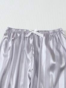 2pcs Satin Striped Pajama Set, Sweet And Cute Lapel Button Long Sleeve Top And Pants, Women's Sleepwear And Loungewear For Home Use - Grey - View 7