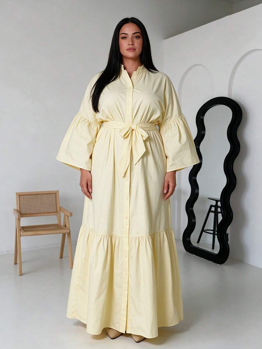 Women's Plus Size Elegant Long Shirt Dress, Casual Flared Sleeves, Stand Collar With Front Tie And Ruffle Hem, Suitable For Spring, Autumn, Winter Party And Vacation - Yellow - View 1