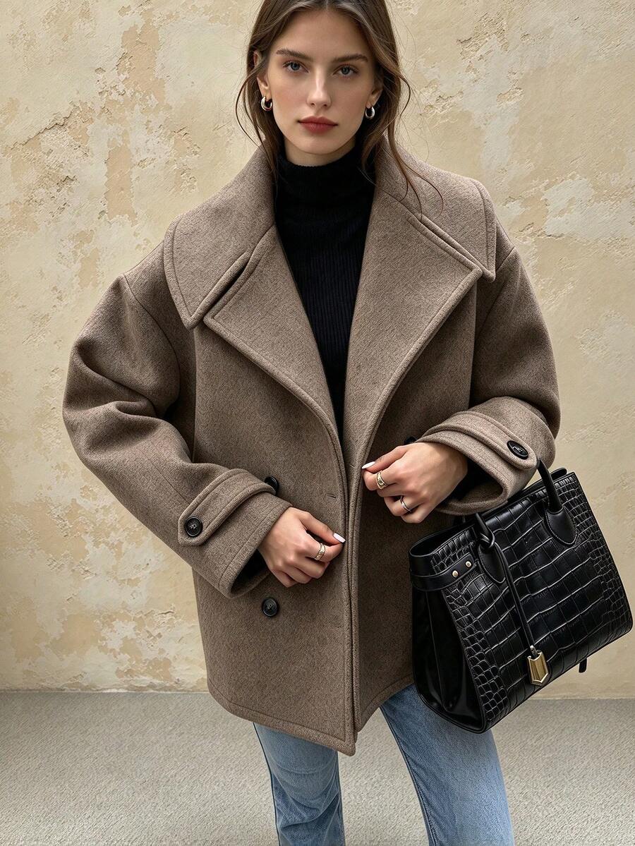 Women's Autumn/Winter Woven Double-Button Lapel Coat, Long Sleeve, Drop Shoulder, Regular Length Jacket - Coffee Brown - View 1