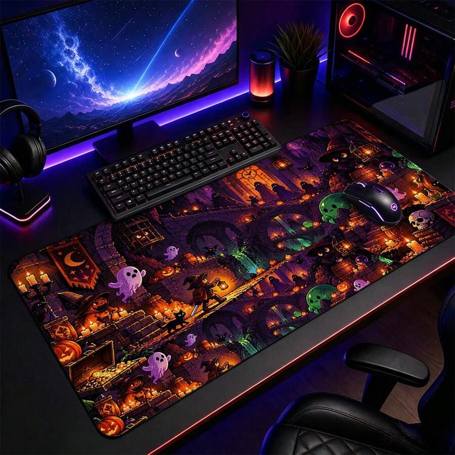 1pc Retro Pixel Halloween Ghost Pumpkin Gaming Desk Mat, Multi-Purpose Makeup Nail Art Table Pad, Large Non Slip Desktop Protector S/M/L/XL - View 1