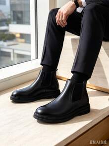Men's Black Chelsea Boots Autumn/Winter New British Style Round Toe Ankle Boots Thick Sole Business Casual Versatile Commuter Boots - Black - View 5