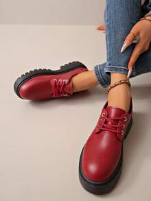 Women's British Style Metal Buckle Thick Sole Loafers, Height-Increasing Chunky Heel Slip-On Matte Leather Shoes - Red - View 6