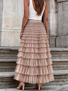 New French Style Long Skirt For Women, Elegant High Waist Mesh Tulle Puff Skirt, Autumn Spring - Light Brown - View 3