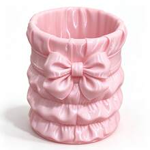 Pink Bow Pleated 3D Printed Storage Cylinder, Creative Sweet Design, Pen Holder & Makeup Brush 2-In-1, High-Value Desktop Organizer For Study And Vanity - Pink - View 8