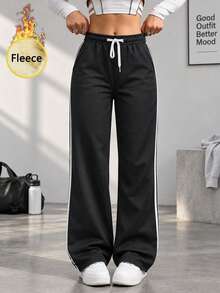 Women Thermal Lined Wide Leg Sweatpants Black Side Stripe Drawstring Elastic Waist Loose Fit Winter Track Pants - Black - View 8
