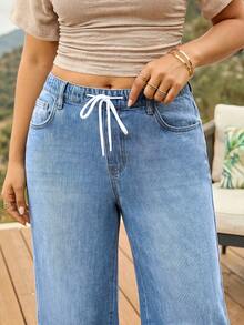 Plus Size Women's Straight Leg Jeans, High Waist Drawstring Loose Fit, Casual Autumn Outfit, Suitable For Dating, Dancing, Vacation And Party - Blue - View 3