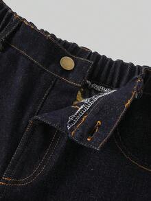 Street Cool Deep Blue Denim Jeans 8-12 Years Tween Girls Spring Summer Autumn Winter Fashion New Yellow Star Embroidery Craft Loose Wide Leg Pants Casual Everyday - Dark Wash - View 6