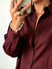 Women's Casual Loose Brown Lace Patchwork Shirt, Lightweight Breathable Loose Fit, Suitable For Vacation, Dating, Daily Wear, All Season, Autumn Outfit - Burgundy - View 4