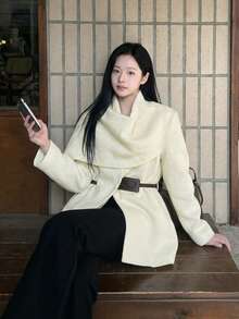 Cardigan Sweater Berkerah Model Draping dengan Sabuk, Lengan Panjang Sedang, Rajutan, Warna Gading, Cardigan Musim Gugur Elegan untuk Wanita dengan Bahan Lembut dan Elastis serta Potongan Longgar - Aprikot - View 1