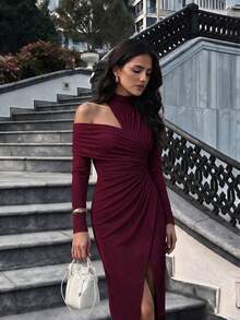 Vuslat 女款秋季針織性感露肩優雅派對洋裝，萬聖節、聖誕節洋裝，演唱會穿搭，女款優雅禮服 - 酒紅色 - 查看 7