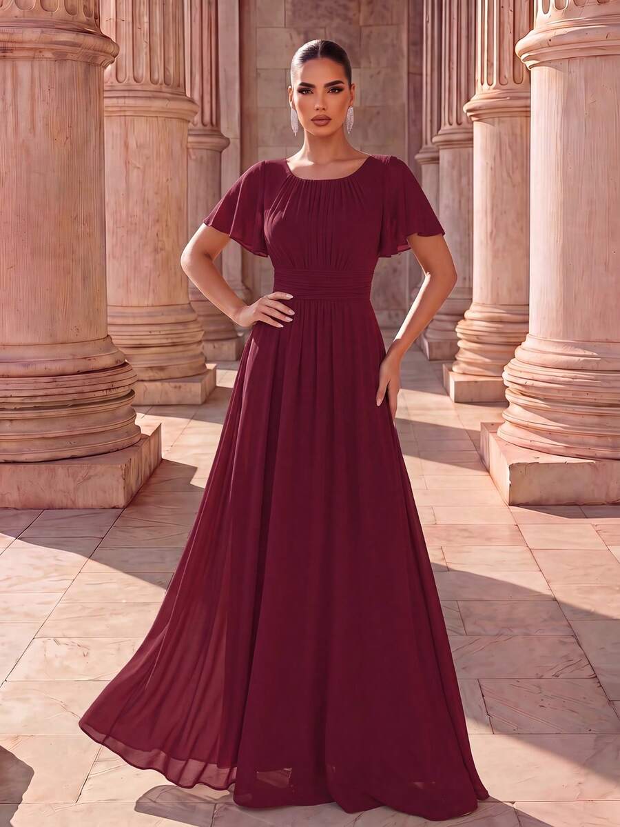 EVERPRETTY Gaun Bridesmaid Chiffon Burgundy Ukuran Plus yang Elegan, Gaun Panjang Anggun dengan Detail Kerut di Bagian Dada dan Lengan Pendek Berumbai, Cocok untuk Acara Formal - Burgundy - View 1