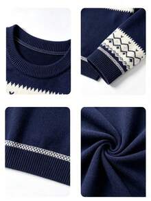 Boys Retro Fair Isle Jacquard Knit Top, Preppy Style Long Sleeve Pullover Sweater For Daily Wear - Navy Blue - View 5