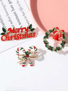 1pc/3pcs Christmas Brooch Set, Fashionable Personalized Christmas Brooches, Christmas Wreath, Bell, Letter, Rhinestone & Enamel Metal Badge Accessories - Multicolor - View 4