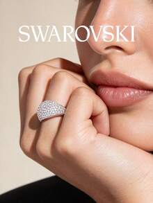 SWAROVSKI Fully Pave Crystal Square Ring, Elegant Sparkling Wide Band Ring, Birthday Gift For Girlfriend - Silver - View 5