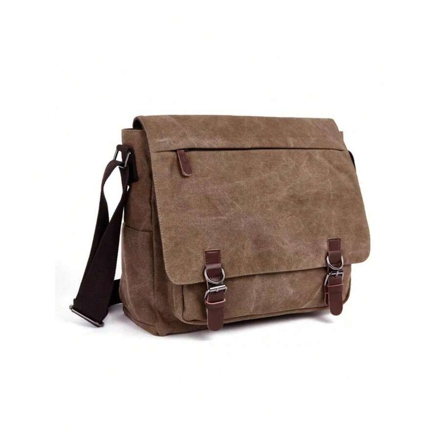 MENS MILITARY INSPIRED CANVAS LEATHER CROSSBODY BAG, VINTAGE SATCHEL SHOULDER MESSENGER FOR UNI TRAVEL CASUAL DAILY USE, HANDS-FREE ORGANISER - Khaki - View 1