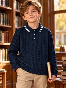 Tween Boy Casual Elegant Fashionable Handsome Textured Jacquard Fabric Long Sleeve POLO Shirt Suitable For Spring/Summer Seasons Back To School Daily Outings Vacation - Navy Blue - View 2