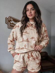 Acelitt Spring/Autumn Vintage Western Cowboy Print Loose Crew Neck Sweatshirt & Shorts 2 Pieces Set, Suitable For Daily Wear And Vacation - Beige - View 1