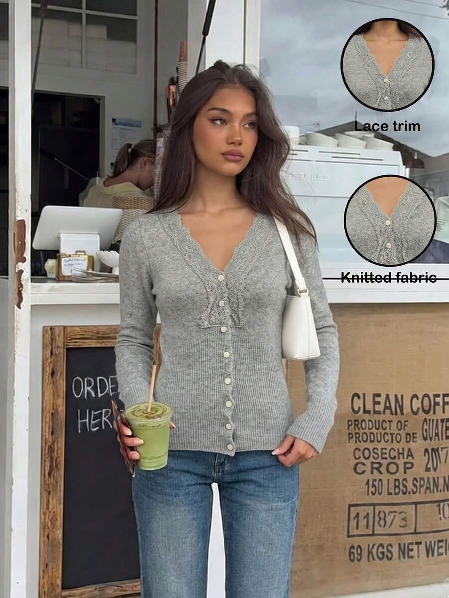 Scalloped Lace Trim Ribbed Knit Cardigan, V Neck Button Front, Long Sleeves, Fitted Grey Sweater Cardigan, Elegant Fall Layering Top - Grey - View 1