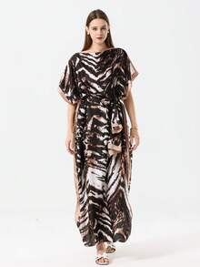 1pc Faux Silk Solid Color Long Robe Pullover Shawl With Small Scarf Set, Women's Outerwear Decoration For Beach, Sun Protection, Windproof, UV Protection, Daily Matching - Leopard and Zebra Print - View 4